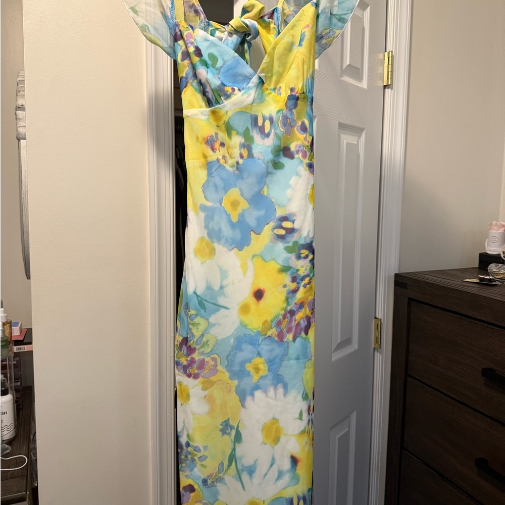 Beginning Boutique Blue and Yellow Floral Maxi Dress
